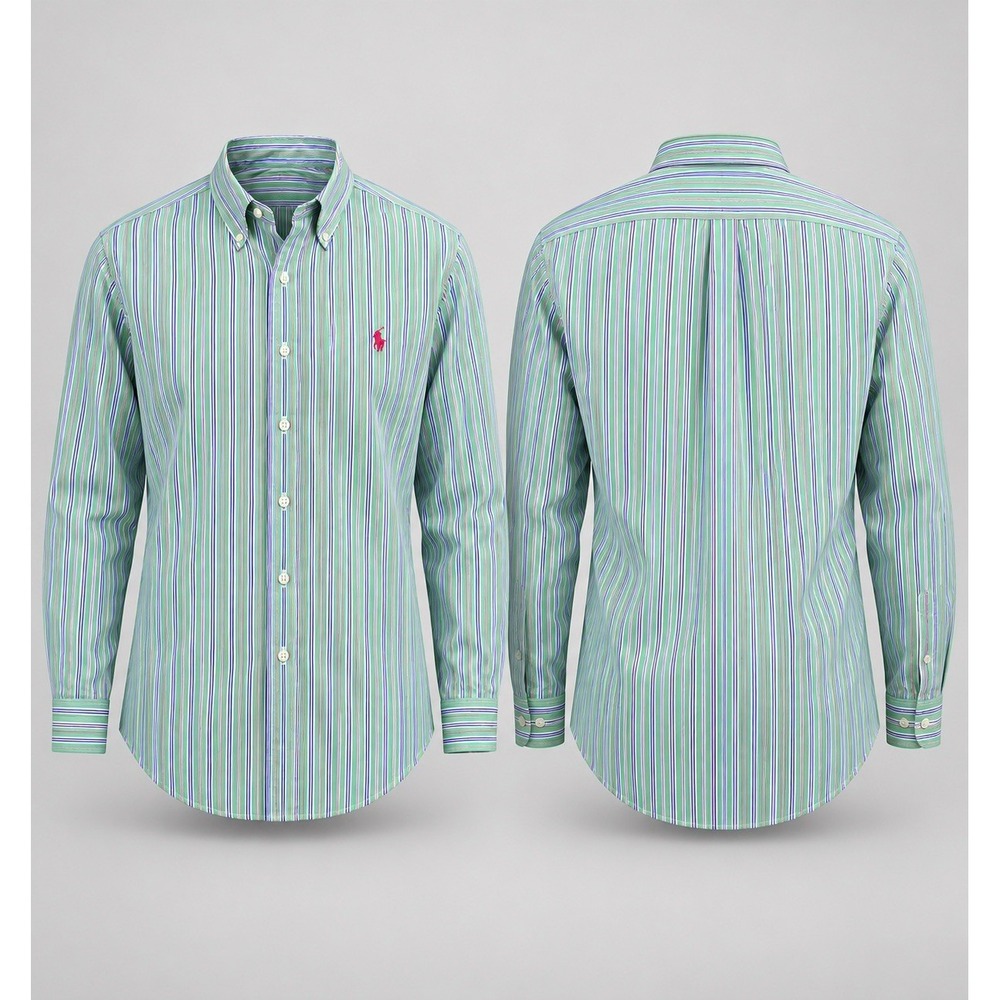 Ralph Lauren  shirt Men's Xl Green  White Strip  100% Cotton Button Down Classic